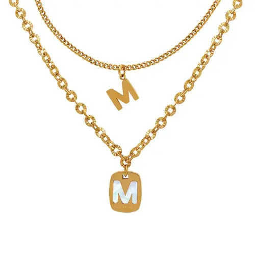 FXNT488 Double Layered Gold Plated Necklace with White Seashell & Letter M Pendant