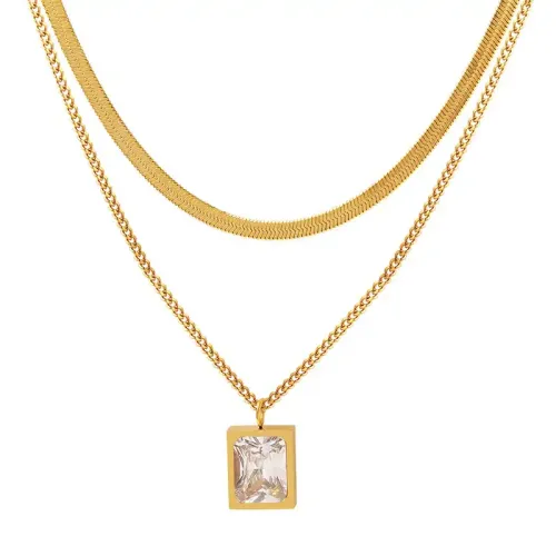 FXNT267 Gold Plated Non-Fading Double Stacked Necklace with Zircon Pendant & Blade Chain