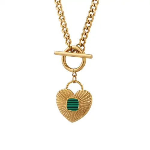 FXNT692 Chic Heart-Shaped Green Stripe Acrylic Pendant with OT Buckle on Gold-Plated Cuban Chain Necklace