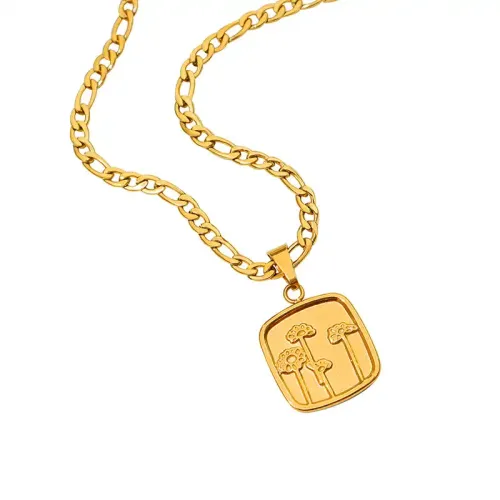 FXNT1097 18K Real Gold Plated Flower Square Pendant Necklace, Elegant Clavicle Chain for Women