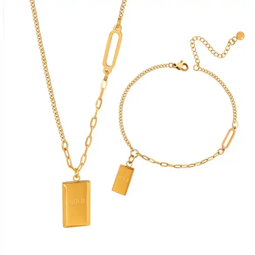 FXNT625 Gold Plated Alphabet Square Pendant & Anklet Set Hip Hop Geometric Jewelry