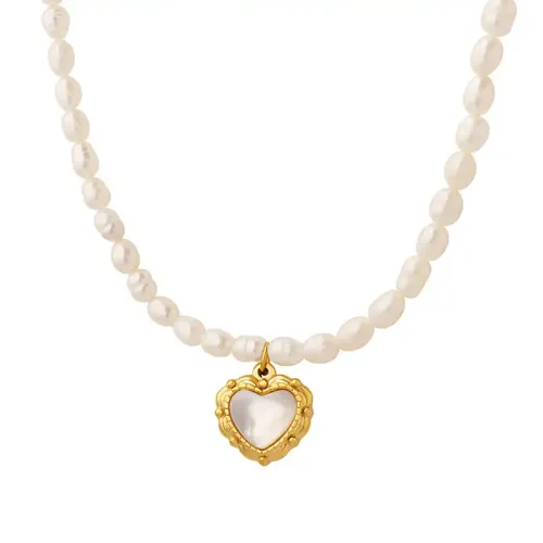 FXNT57 18K Gold Minimalist Love Pendant with Freshwater Pearl & White Seashell Women's Necklace