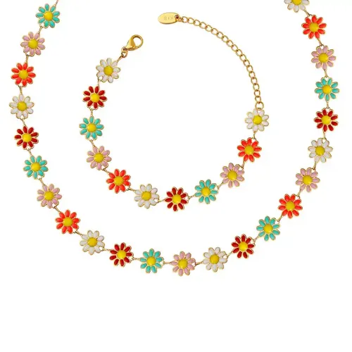 FXNT290 Boho Chic Sunflower Splice Necklace Bracelet Set with Colorful Floral Drops