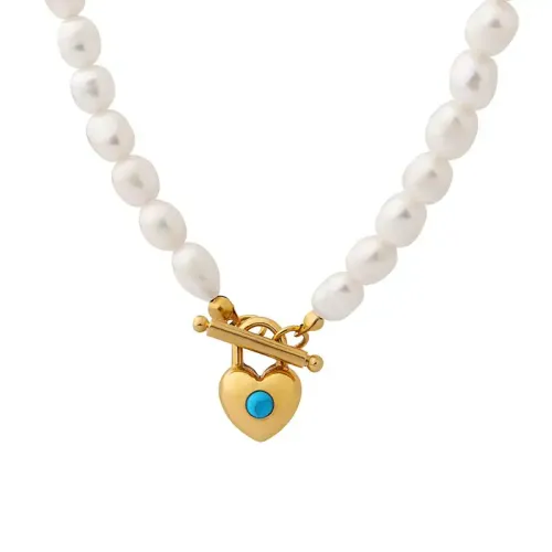 FXNT132 Freshwater Pearl Necklace with Heart-Shaped Blue Turquoise & OT Buckle Pendant