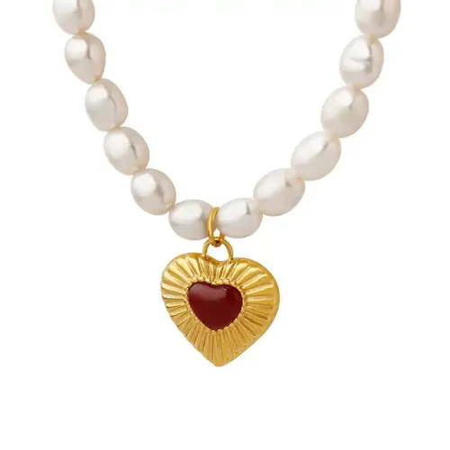 FXNT1008 Baroque Heart-Shaped Agate Pendant & Natural Freshwater Pearl Necklace for Elegant Accessorizing