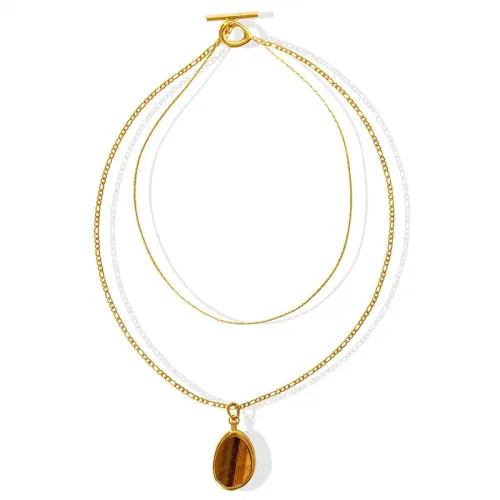 FXNT840 Gold Plated Double Layer Sweater Chain with Natural Tiger Eye Stone Pendant