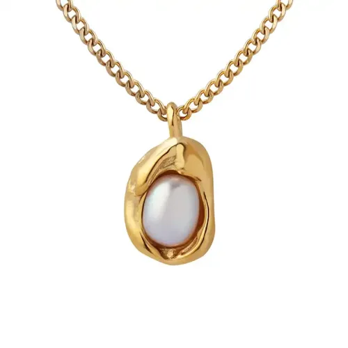 FXNT9 Elegant Gold-Plated Cuban Chain Necklace with Inlaid Freshwater Pearl