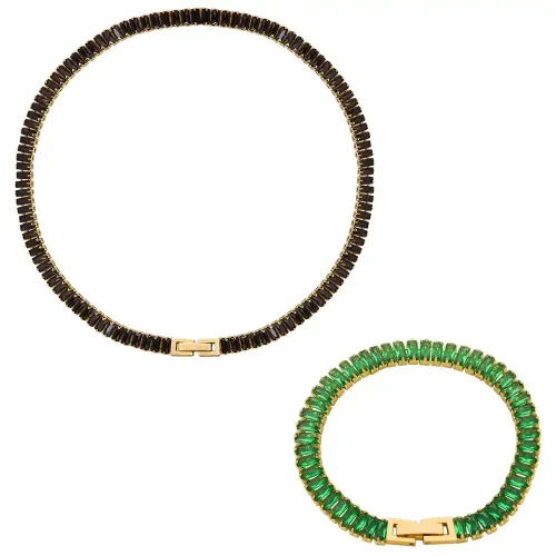 FXNT87 Elegant Colored Diamond & Zircon Inlaid Jewelry Set Necklace and Bracelet Combo