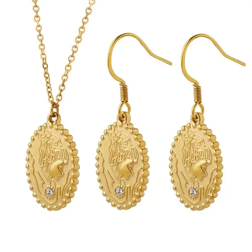 FXNT1016 Elegant Oval Zircon Inlaid Portrait Necklace and Earrings Set