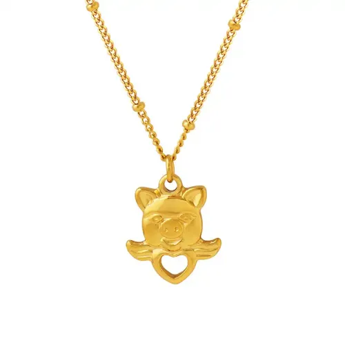 FXNT926 Elegant 18K Gold Clavicle Necklace with Hollow Heart-Winged Pig Pendant for Women
