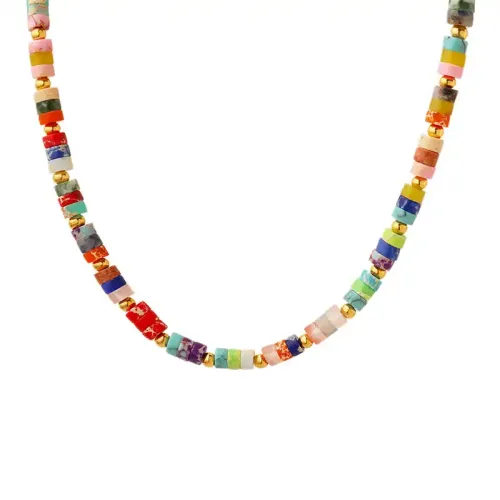 FXNT487 Bohemian Colorful Beaded Necklace with Natural Stone Jewelry Accessory