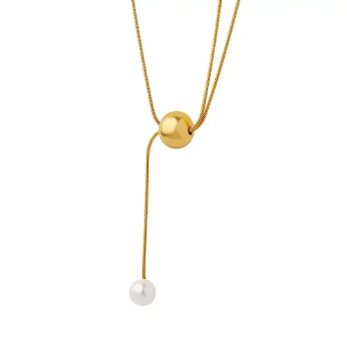 FXNT1013 Women's Gold-Plated Snake Chain Necklace with Imitation Pearl Tassel Pendant