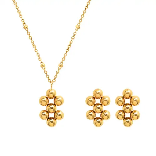 FXNT730 Geometric Bead Pendant Necklace & Earrings Set Gold Plated Steel Jewelry