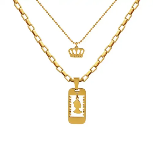 FXNT951 Regal Double Layer Crown Pendant Necklace with Hollow Portrait Charm
