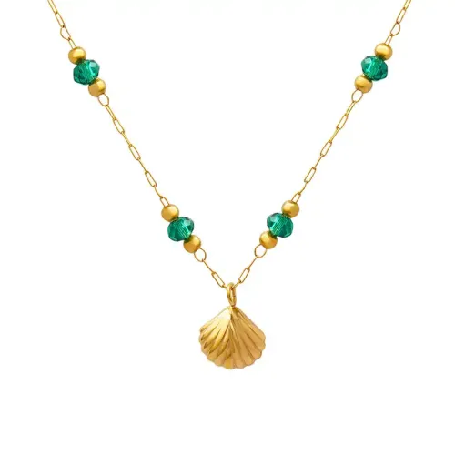 FXNT167 18K Gold-Plated Stainless Steel Necklace with Exquisite Crystal Bead Scallop Pendant