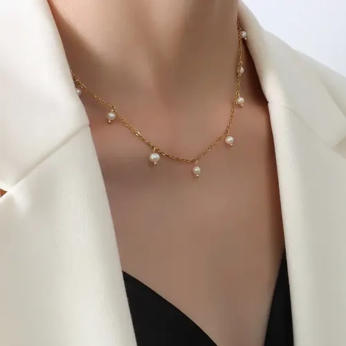 FXNT12 18K Gold Plated Freshwater Pearl Bead Necklace Women's Elegant Clavicle Chain