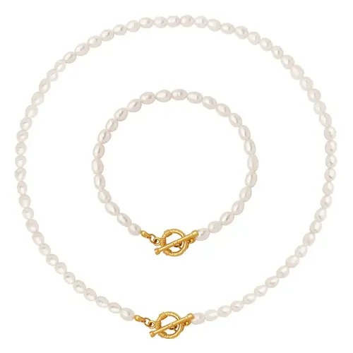 FXNT69 Elegant OT Buckle Freshwater Pearl Set Baroque Necklace and Bracelet Combo for Women