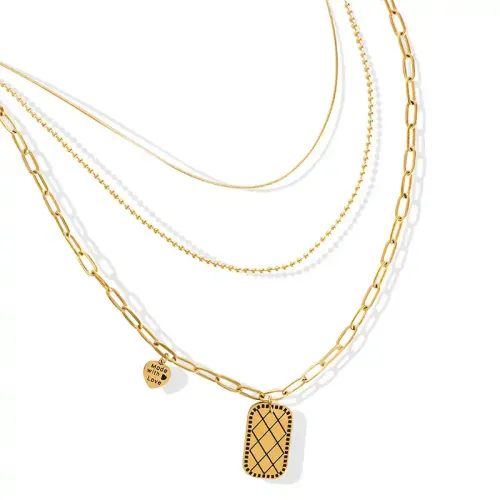 FXNT1083 18K Gold Punk Love Pendant Necklace Triple Layer Square Clavicle Chain for Women
