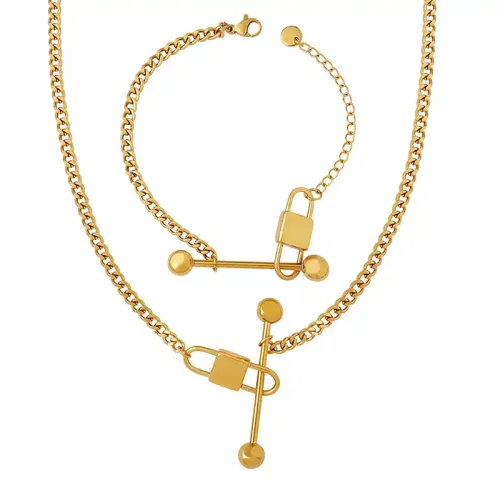 FXNT177 18K Real Gold Lock Charm Jewelry Set Non-Fading Necklace & Bracelet with Slim Waist Design
