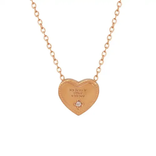FXNT907 Diamond-Studded engrave Pendant Peach Heart, Rose Gold Wave-Edge Necklace