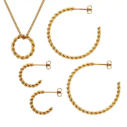 FXNT370 Gold-Plated Twisted Hoop Necklace & Earrings Set Elegant Jewelry Combo