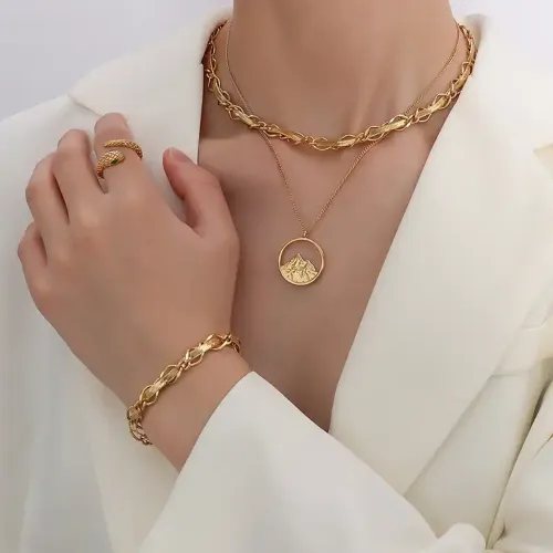 FXNT545 18K Gold Blade Chain Necklace & Bracelet Set Luxury Wrap Jewelry for Women