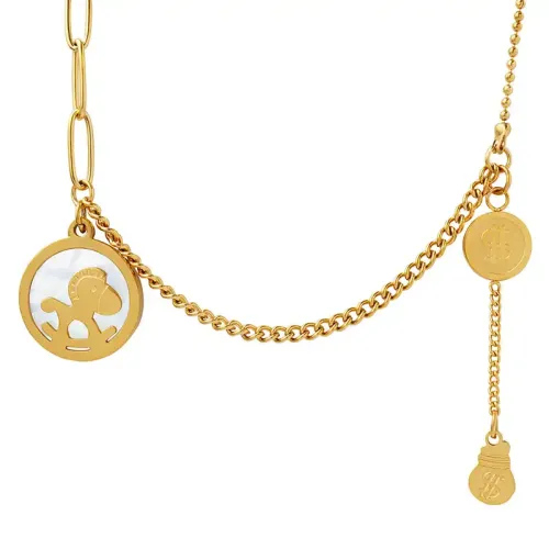 FXNT996 Bohemian Round Medal Necklace with Colorful Shell & Wooden Horse Tassel Pendant