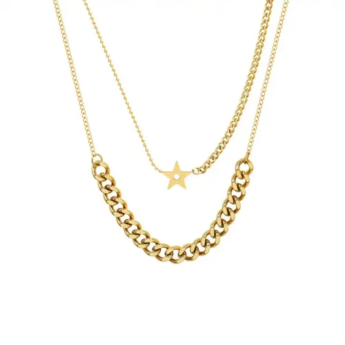 FXNT1242 Double Layer Star Pendant Necklace, Thick Chain Women's 18K Gold Plated Clavicle Jewelry