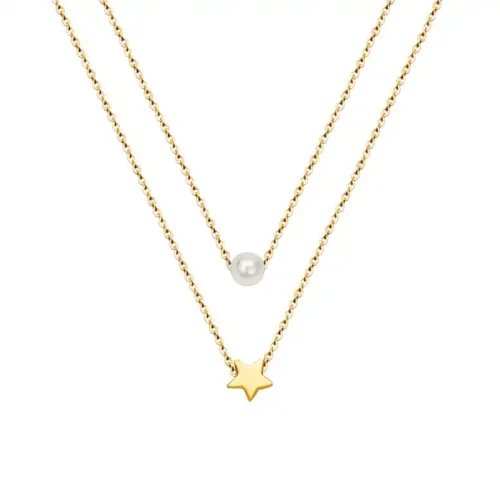 FXNT157 Double Layer 18K Gold Women's Clavicle Chain with Star Pendant & Imitation Pearl
