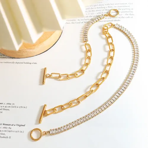 FXNT64 Hip Hop Zircon Necklace with OT Buckle Iced-Out Chain Bracelet Set for Men & Women