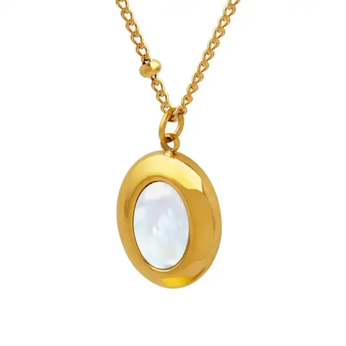 FXNT489 Elegant Gold-Plated Oval Pendant Necklace with Colorful Shell Inlay for Women's Dinner Party