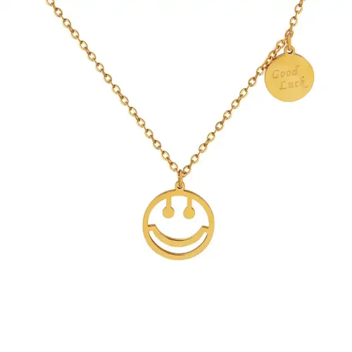 FXNT839 18K Gold Plated Smiley Face Pendant Necklace, Women's Lucky Charm Collarbone Chain