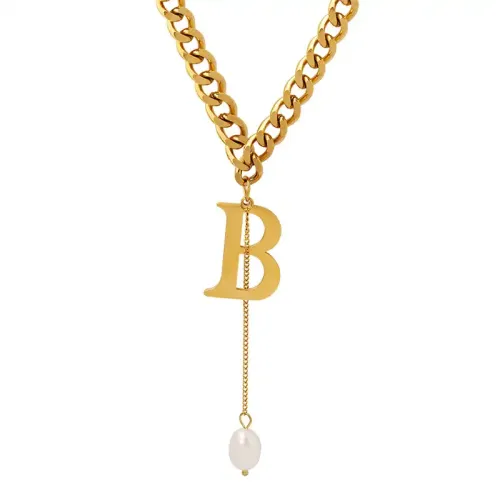 FXNT832 Baroque Freshwater Pearl Necklace with Letter B Tassel for Women Elegant Collarbone Chain