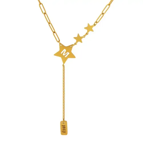 FXNT468 Lucky Star Pentagram & Initial M Tassel Square Pendant Necklace