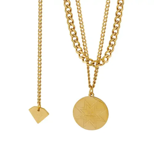 FXNT1053 18K Gold Plated engrave Pendant Double Layer Necklace, Stackable Detachable Chain for Women