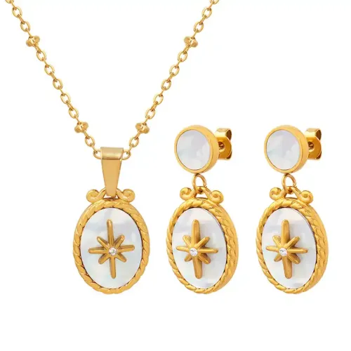 FXNT140 White Sea Shell Star Necklace & Zircon Inlaid Earrings Set Women's Cherry Jewelry Ensemble