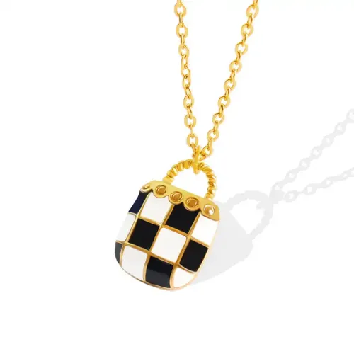 FXNT525 Chic Gold-Plated Oil Drip Black & White Plaid Pendant Bag Necklace for Women