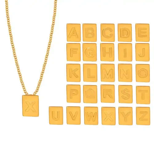 FXNT311 Women's 26 Letter Square Pendant Necklace Gold-Plated Chain Wholesale Stock