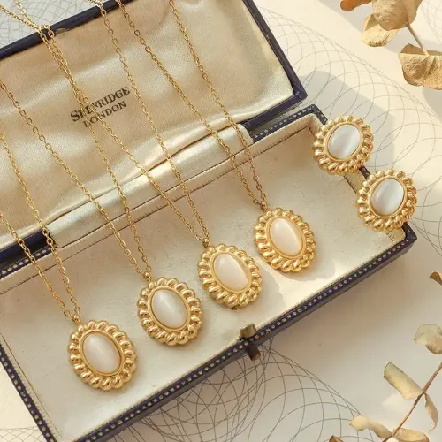 FXNT390 Luxurious 18K Real Gold Plated opal Necklace & Earrings Set Elegant Two-Piece