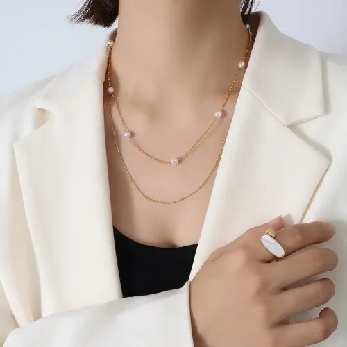 FXNT790 18K Gold Plated Double Layer Clavicle Necklace with Imitation Pearl Jewelry