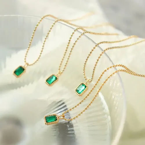 FXNT47 18K Real Gold-Plated Necklace with Chinese Emerald Zircon & Micro-Paved Diamond