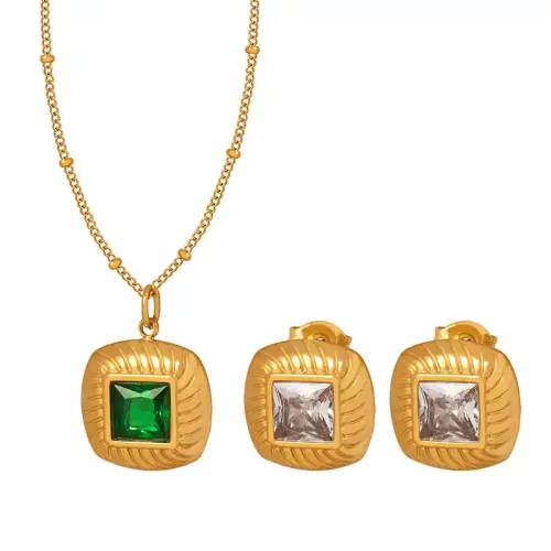 FXNT861 Elegant Square Glass Stone Pendant & Earrings Set Women's Inlaid Jewelry Combo