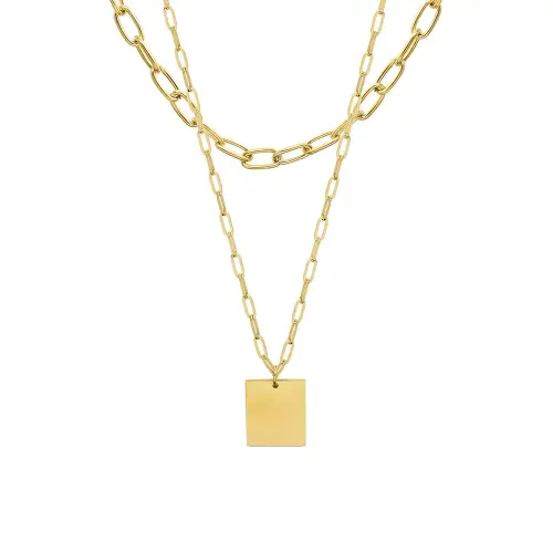 FXNT1155 18K Gold Plated Double Layer Square Pendant Necklace Stacked Clavicle Chain