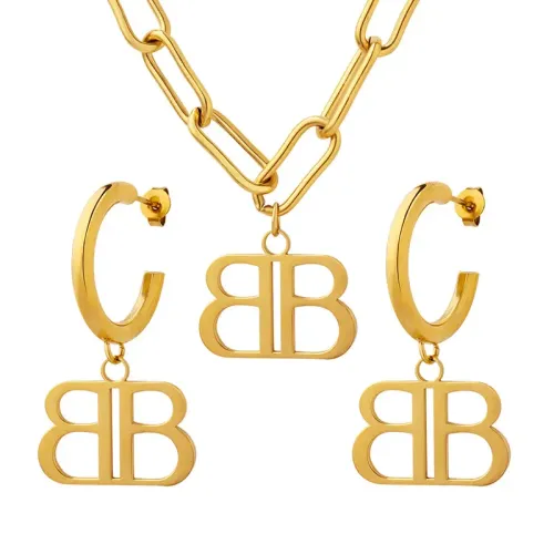 FXET412 Handmade gold-plated double B pendant necklace and earrings jewelry set