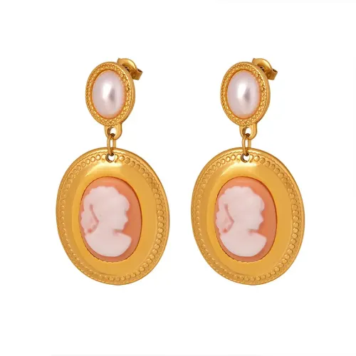 FXET425 Baroque Imitation Pearl Oval Portrait Earrings Women's Gold Plated Earrings Accessories