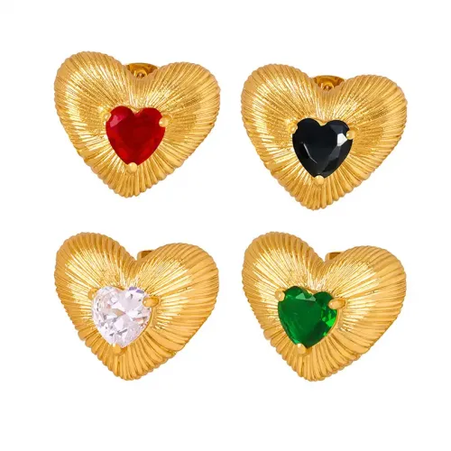 FXET76 Heart -shaped texture inlaid red black and white green vermiculite shining earrings environmentally friendly copper material female earrings