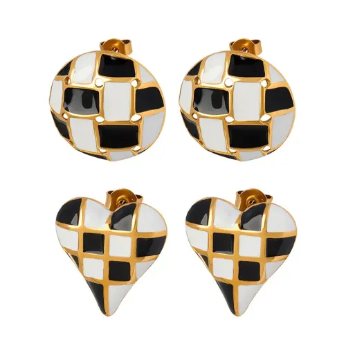 FXET316 Chessboard grid black and white checked heart -shaped round earrings gold -plated manufacturer wholesale