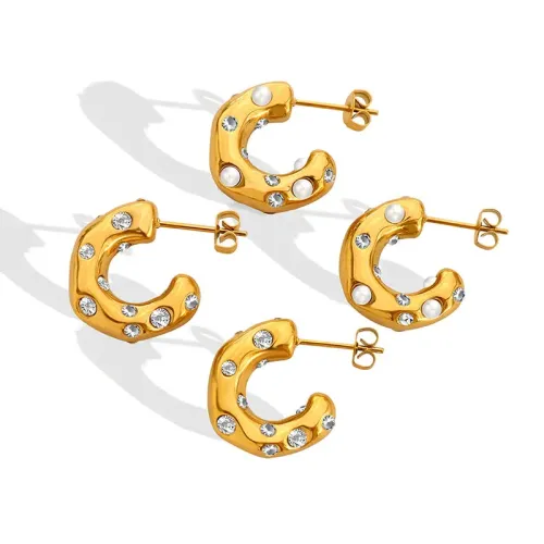 FXET5 Gold -plated pearl vermiculite inlaid C -shaped earrings earrings