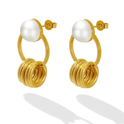 FXET683 Double ring pendant pearl earrings plated 18K real gold stud earrings manufacturer wholesale