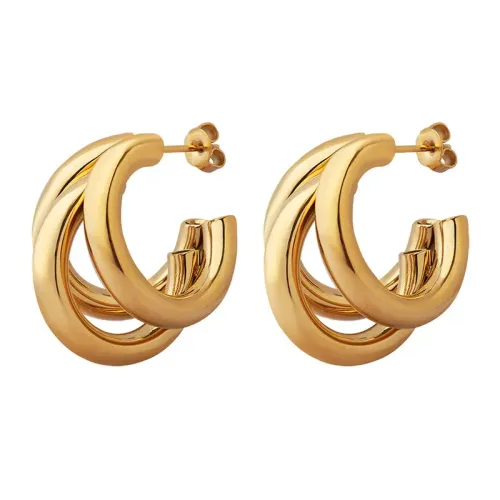 FXET21 Three -layer C -shaped empty heart circular tube gold -plated earrings